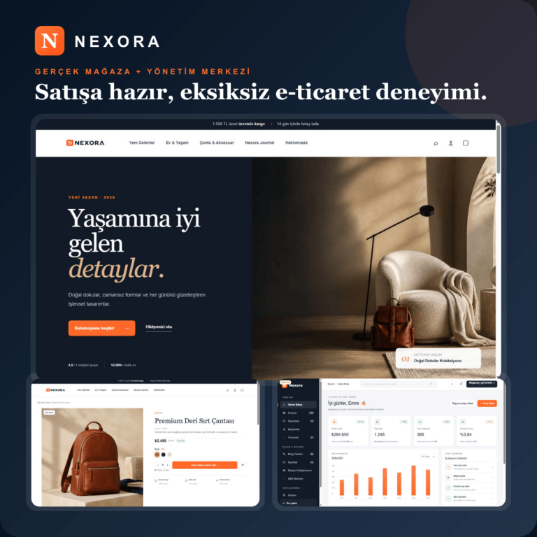 Nexora gerçek mağaza, ürün detay ve yönetim merkezi ekranları